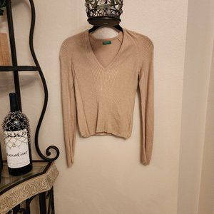 Color of Benetton V-Neck Women's Long Sleeve Ribbed Sweater Shirt - Tan